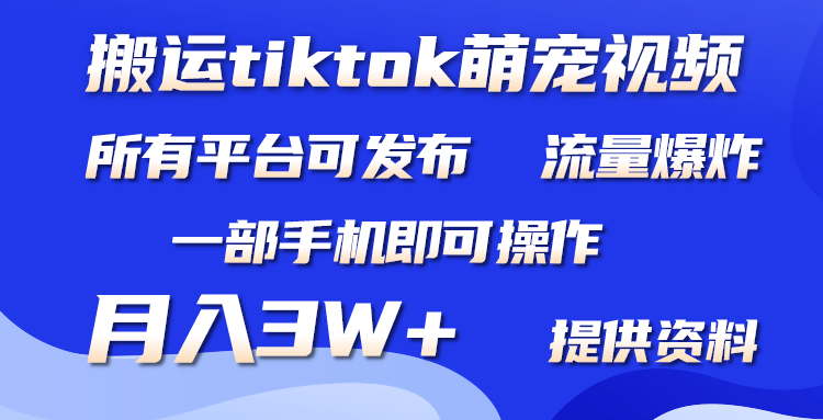 搬运Tiktok萌宠类视频，一部手机即可。所有短视频平台均可操作，月入3W+-博创网